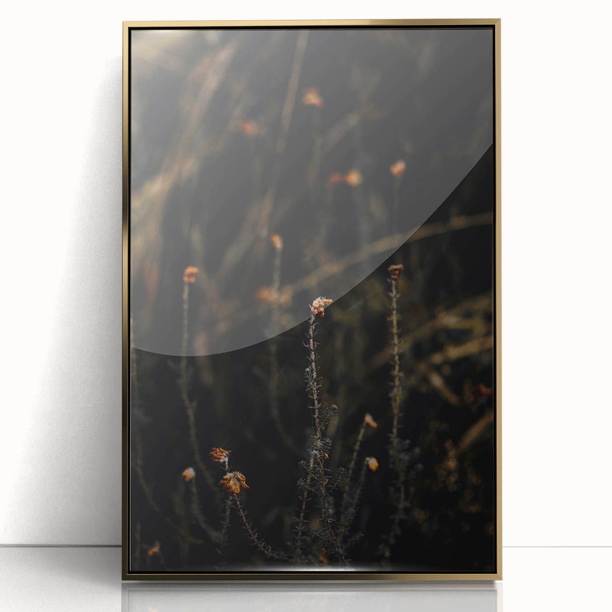 Large art print of a mid-century modernist autumn scene in warm gold tones, framed acrylic, ideal for modern art wall decor.