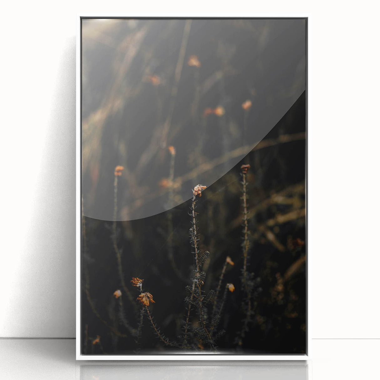 Art deco poster depicting a stylized fall scene in orange and brown tones, framed in white acrylic.