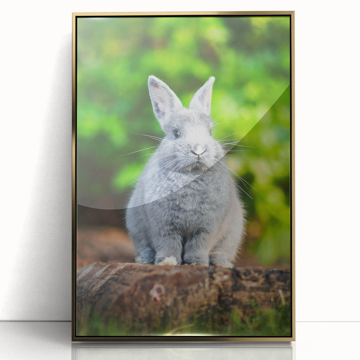 Large art print of a mid-century modernist spring theme in gold and green hues on acrylic, framed.