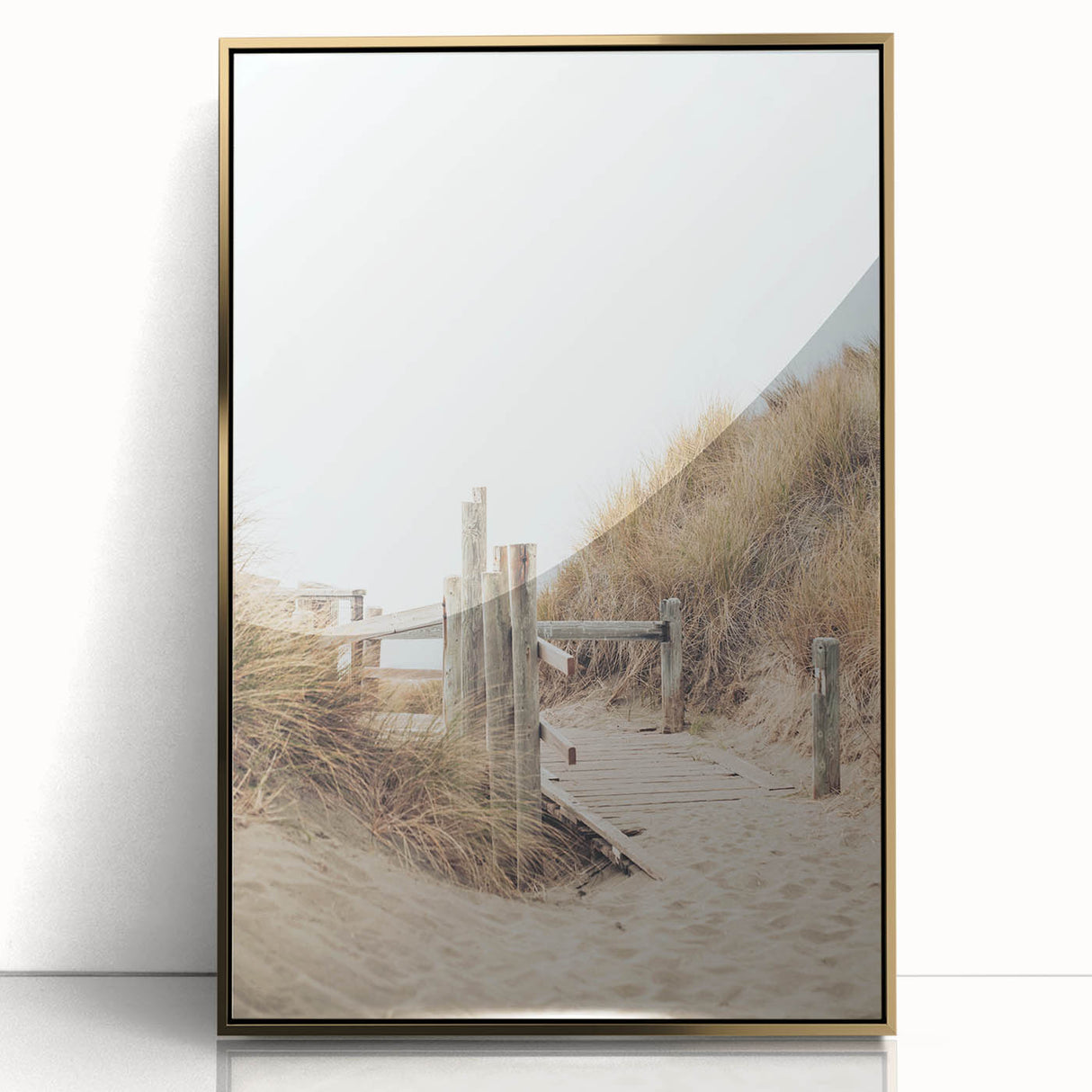 Large art print of a mid-century modernist summer scene on acrylic, framed in gold, with warm tones.