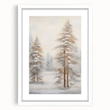 Abstract art print depicting winter themes in muted gray and blue tones, framed with a white mat.