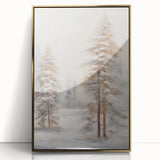 Winter-themed large art print in a gold frame featuring stylized trees in mid-century modernist style.