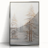 Mid-century modernist art depicting a winter scene in muted gray and silver tones on a framed acrylic.