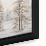 Close-up of a black framed canvas featuring a textured, colorful abstract winter scene, ideal for living room decor.