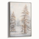 Winter landscape painting on framed canvas, featuring muted blue and white tones, perfect for living room decor.