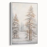 Vintage poster art of a winter scene on framed canvas, featuring a palette of cool blues and whites.
