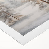 Art deco poster featuring a stylized winter scene in muted blue and white tones on rolled canvas.