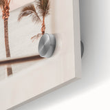 Large abstract wall art in vibrant orange and blue tones on acrylic glass, ideal for dining room ambiance.