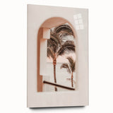 Large abstract wall art in vibrant orange and red tones on acrylic glass, suitable for bedroom or dining room decor.