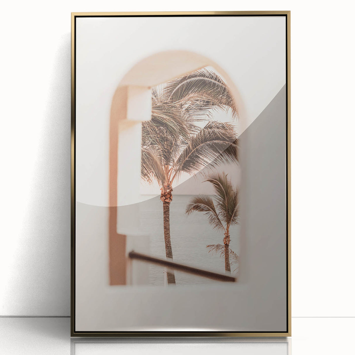 Large acrylic print of a mid-century modernist summer scene in gold and blue tones, suitable for nursery wall decor.