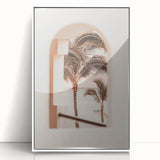 Art deco poster featuring a summer beach scene in muted pastel colors, acrylic print framed in white.