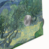 Large abstract wall art on acrylic, featuring swirling blue and yellow hues in a mid-century modernist style.