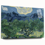 Large abstract wall art on acrylic, featuring swirling blue and yellow patterns, ideal for bedroom or dining room decor.