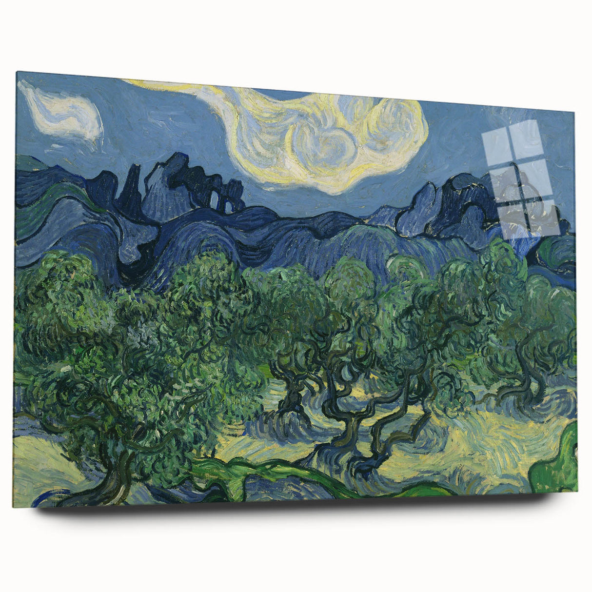 Large abstract wall art on acrylic glass, featuring swirling blue and yellow tones, ideal for bedroom or dining room decor.