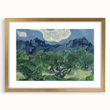 Abstract art print featuring swirling shades of blue and yellow on a framed canvas.