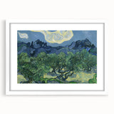 Textured abstract art print of swirling blues and yellows on a white framed canvas, suitable for bedroom art.