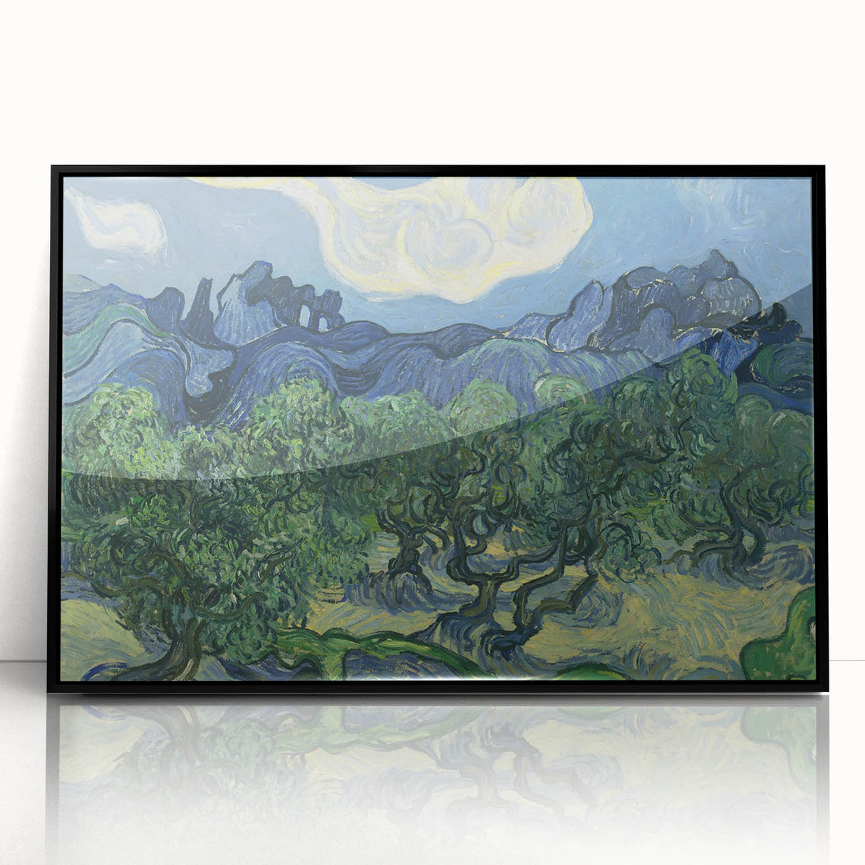 Large abstract wall art featuring swirling blue and yellow patterns on a black acrylic frame.