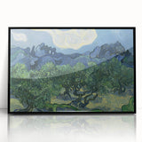 Large abstract wall art featuring swirling blue and yellow patterns on a black acrylic frame.