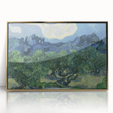 Art deco style poster of Van Gogh painting in acrylic frame, featuring gold and blue tones.
