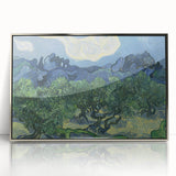 Large art print of a Van Gogh-inspired landscape in silver frame, featuring mid-century modernist style.