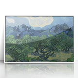 Mid-century modernist art poster featuring a Van Gogh painting in vibrant colors, framed in white acrylic.