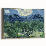 Vintage poster art featuring a landscape painting on a framed canvas, with gold accents, ideal for bedroom wall decor.