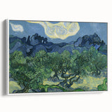 Vintage poster art of Van Gogh's Starry Night in a white frame, featuring vibrant blue and yellow tones.