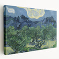 Van Gogh-inspired landscape on large stretched canvas with vivid blue and yellow tones, ideal for kitchen wall art.