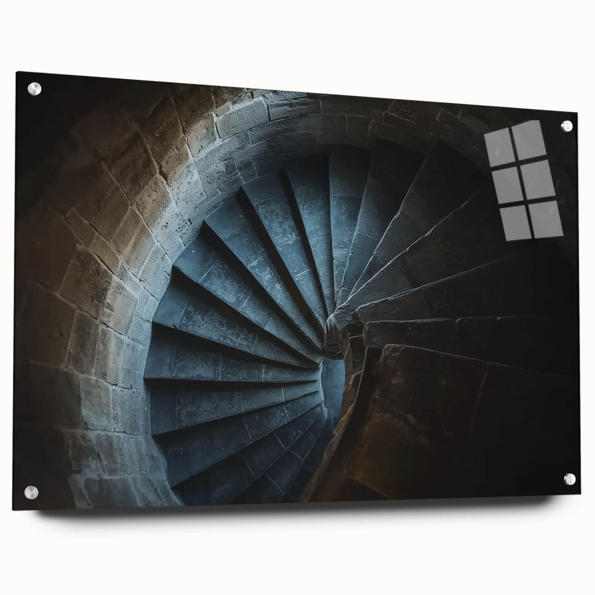 Acrylic glass landscape artwork depicting a picturesque castle scene, displayed in a side view with elegant pins, ideal for home decor or artistic settings.