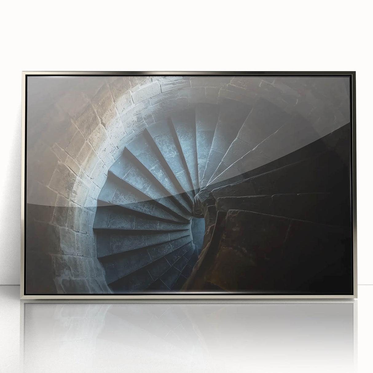Framed acrylic artwork depicting a serene landscape with a majestic castle, set in a silver frame, showcasing intricate details and vibrant colors, perfect for home decor.