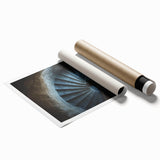 Scenic rolled print of a majestic castle landscape, showcasing rich colors and intricate details, packaged securely in a durable cardboard tube for safe transport.