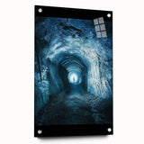 Acrylic landscape artwork depicting a cave view, showcasing vibrant colors and intricate details, mounted on glass with pins for stability and visual appeal.