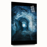 Acrylic glass artwork depicting a stunning landscape scene with caves, showcasing vibrant colors and intricate details, perfect for modern home decor.
