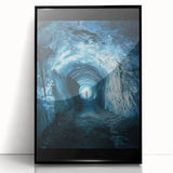Framed acrylic artwork showcasing a serene landscape scene with cave formations, featuring a sleek black frame and vibrant colors, ideal for home decor.