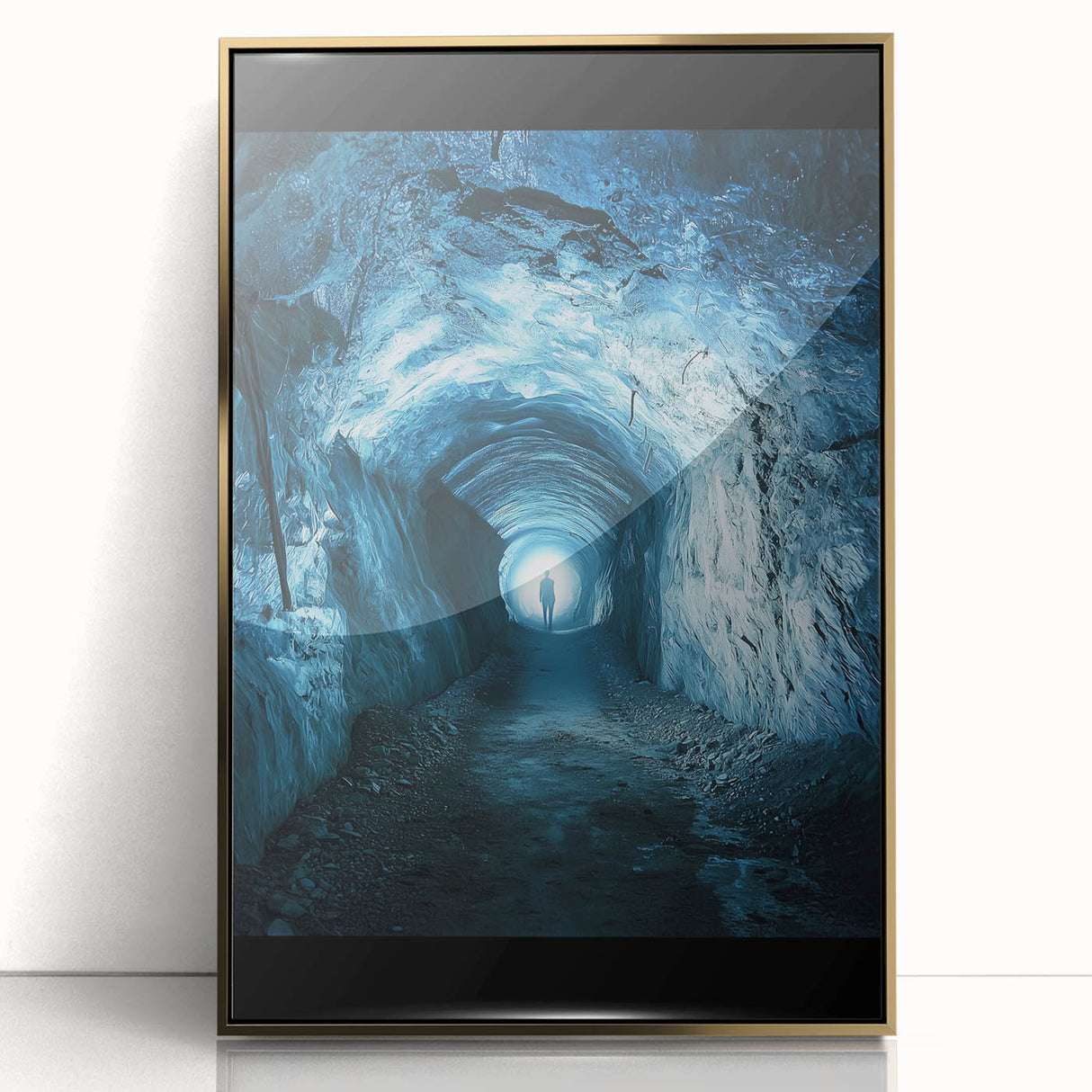 Framed acrylic artwork showcasing a stunning landscape with cave formations, highlighted by a gold frame, perfect for modern home decor and art enthusiasts.
