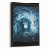 Framed canvas artwork depicting a stunning landscape with intricate cave formations, featuring a black side view that enhances its artistic depth and elegance.