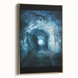 Framed canvas artwork depicting a stunning landscape scene with caves, featuring a gold side frame, ideal for enhancing home decor and wall aesthetics.