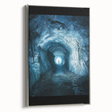 Framed canvas artwork of a tranquil cave landscape in muted tones, showcasing intricate details and textures, with a sleek silver frame enhancing its elegance.