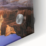 Close-up of a vibrant acrylic landscape artwork showcasing dramatic cliffs and lush greenery, emphasizing rich colors and textures, ideal for home decor.