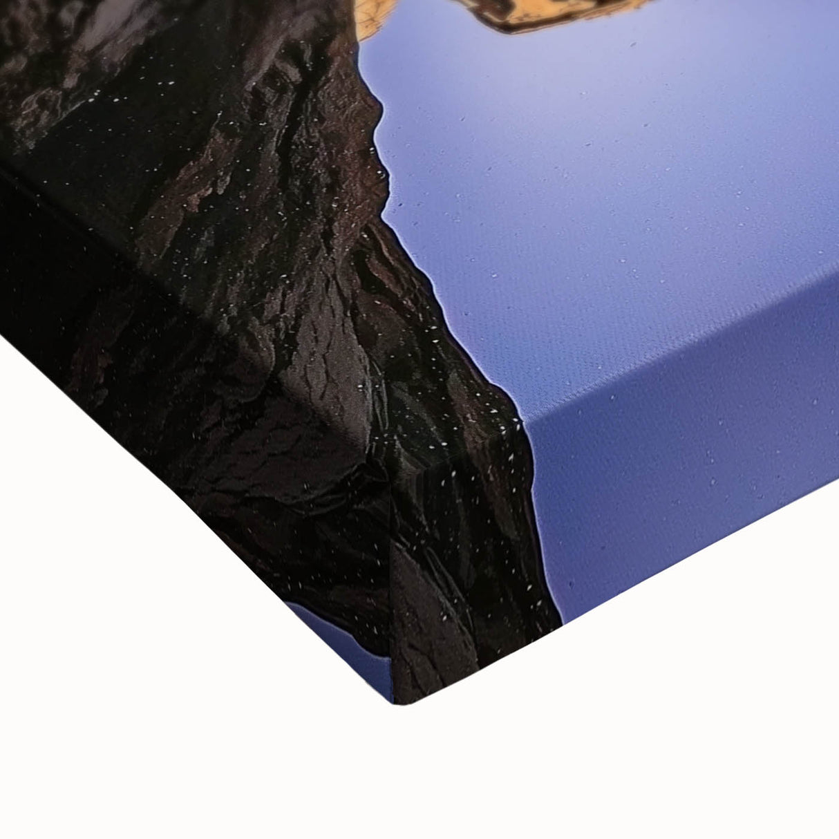 Close-up of a vibrant landscape canvas print depicting rugged cliffs and serene ocean waves, showcasing rich colors and textures ideal for home decor.