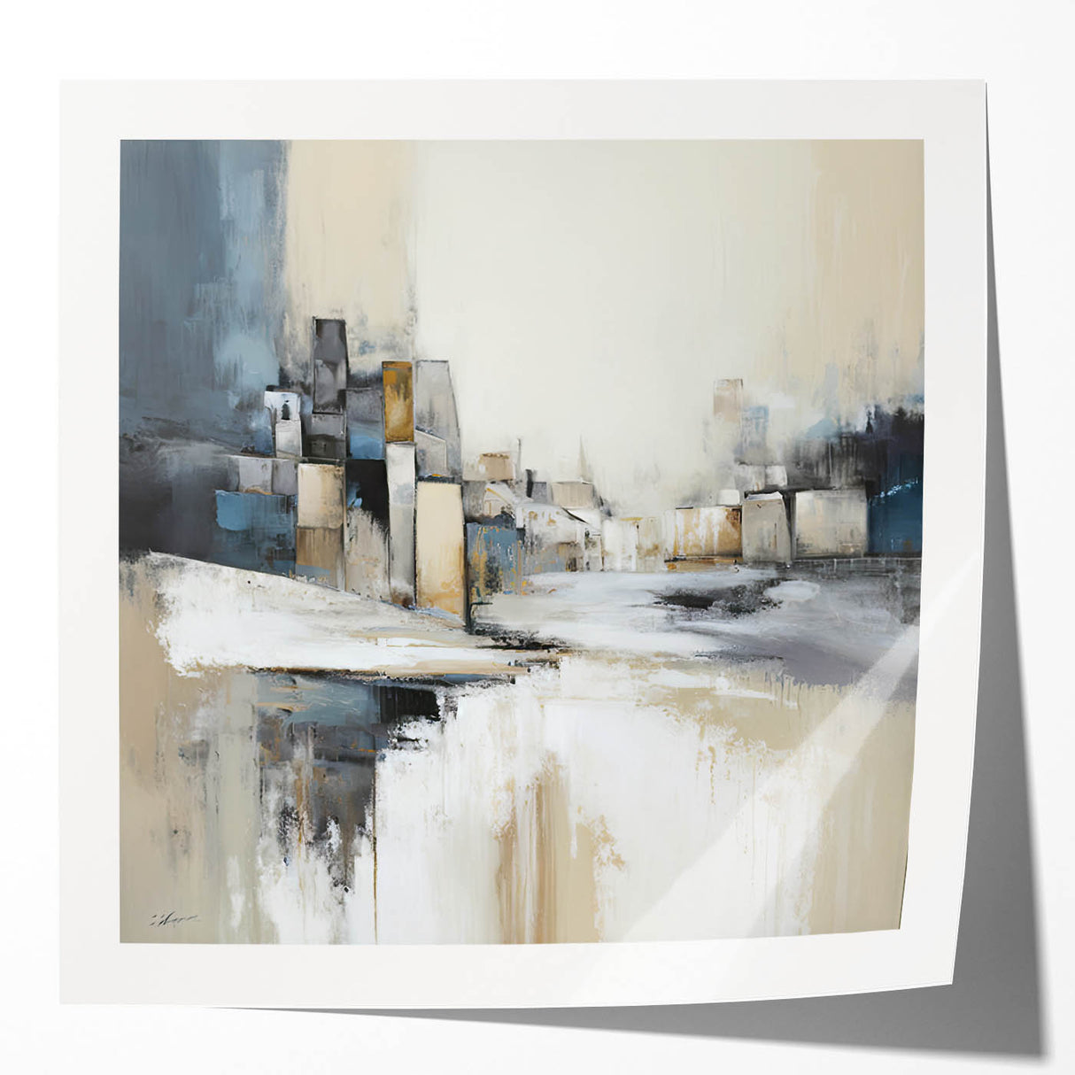 Abstract architectural wall art print showcasing geometric shapes and vibrant colors, displayed in a glossy mockup setting, ideal for modern decor.