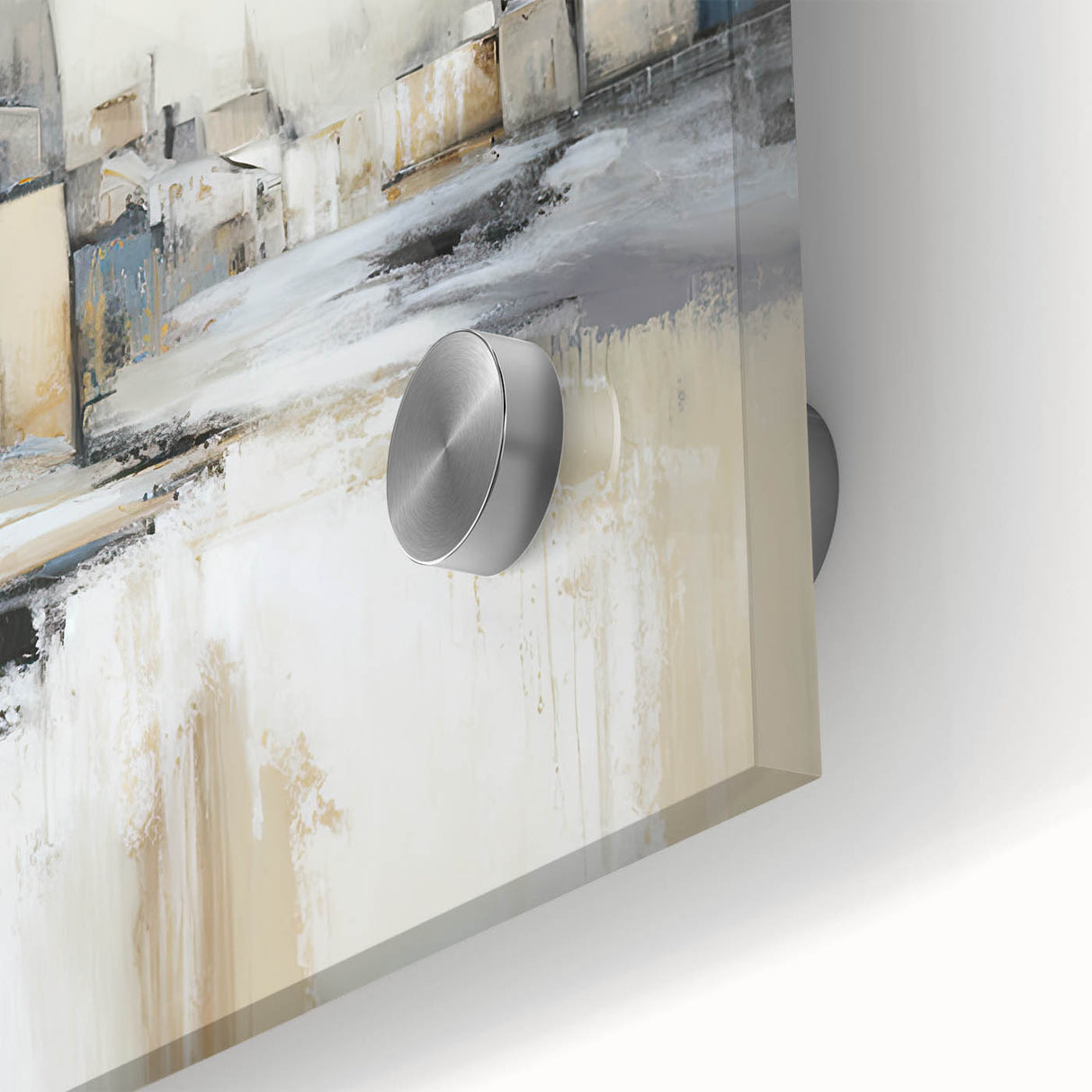 Close-up of abstract architecture wall art design printed on acrylic glass, showcasing vibrant colors and intricate details, ideal for modern decor.