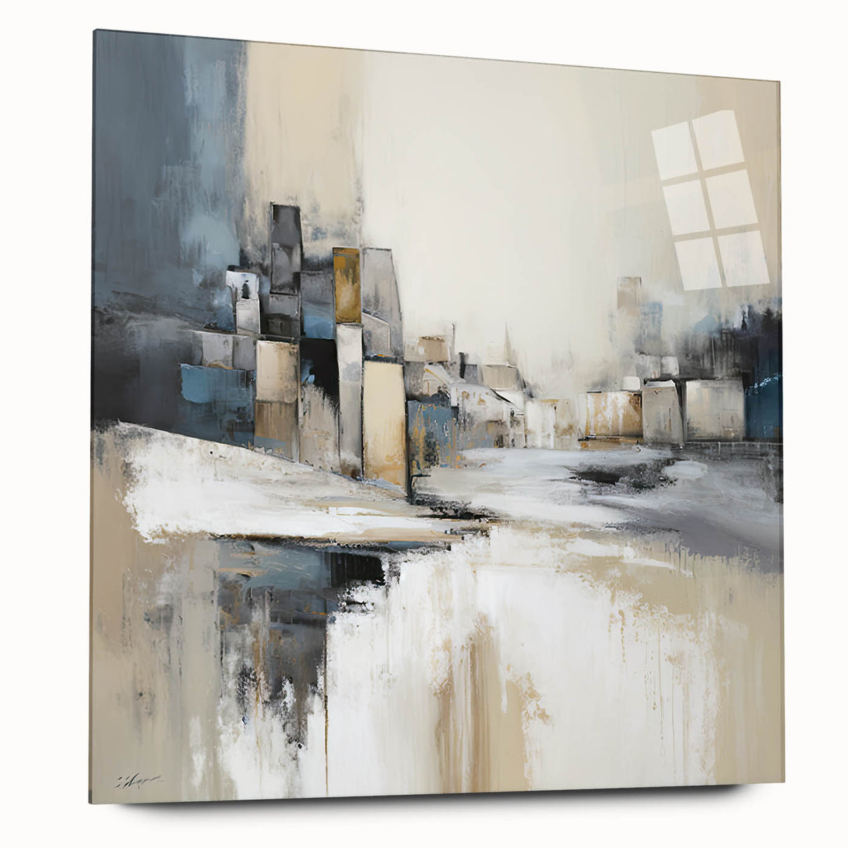 Abstract architectural wall art design printed on acrylic glass, showcasing geometric shapes and vibrant colors, presented in a side view without mounting pins. Perfect for modern decor enthusiasts.