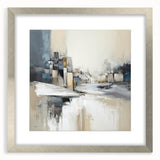Abstract architectural wall art print in a sleek silver frame with a white mat, showcasing geometric designs and modern aesthetics, ideal for contemporary decor.