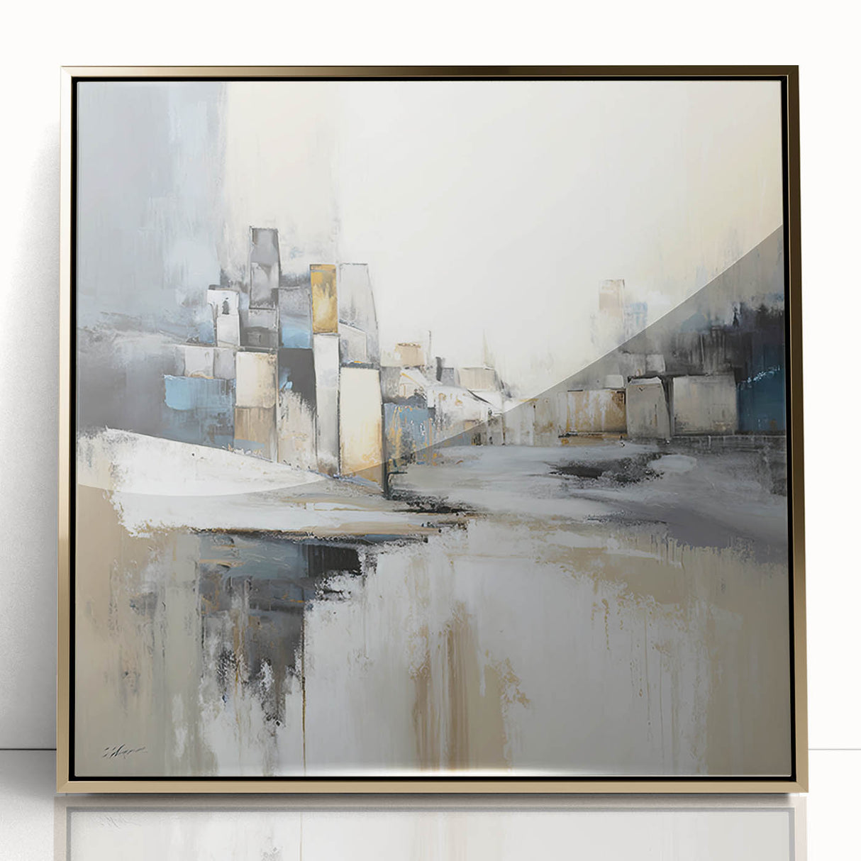 Framed abstract architecture wall art featuring geometric gold designs on an acrylic surface, perfect for modern home decor and adding a touch of elegance.