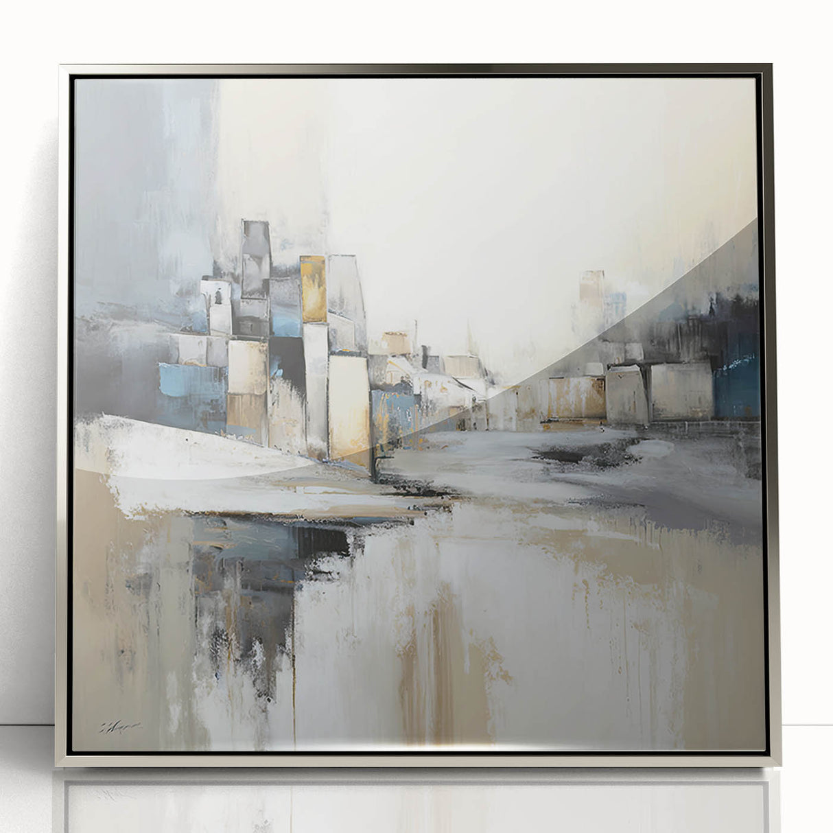 Framed abstract architecture wall art in silver acrylic, showcasing geometric designs and modern aesthetics, ideal for contemporary home decor.