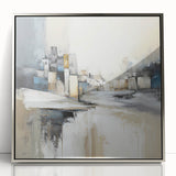 Framed abstract architecture wall art in silver acrylic, showcasing geometric designs and modern aesthetics, ideal for contemporary home decor.