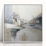 Framed abstract architecture wall art in white acrylic, showcasing geometric shapes and lines, perfect for modern home decor. This elegant piece adds a contemporary touch to any living space.