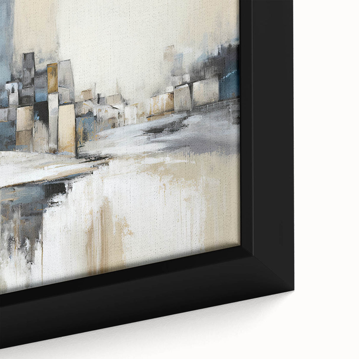 Close-up of a framed abstract architecture wall art piece, showcasing geometric shapes in vibrant colors of blue, orange, and yellow, perfect for modern decor.