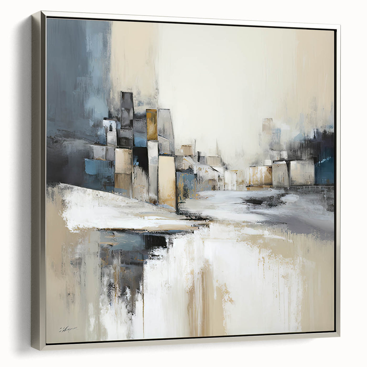 Framed abstract architecture wall art with a silver frame, showcasing geometric designs and contrasting colors, perfect for modern home decor.
